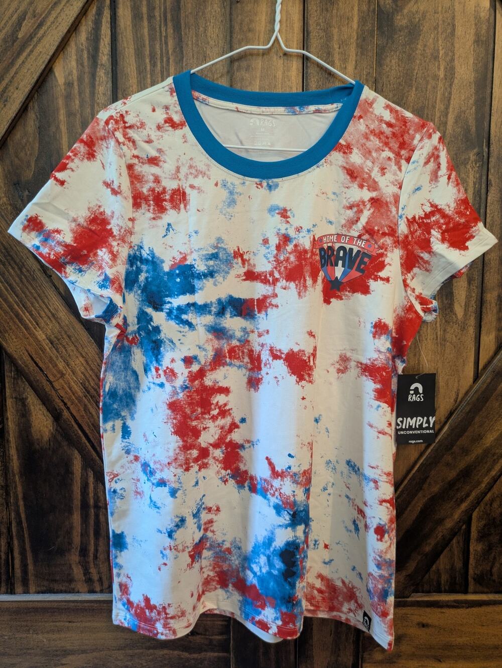 NWT RAGS Patriotic Red White Blue Tie dye Splatter Home of the Brave T-Shirt Med